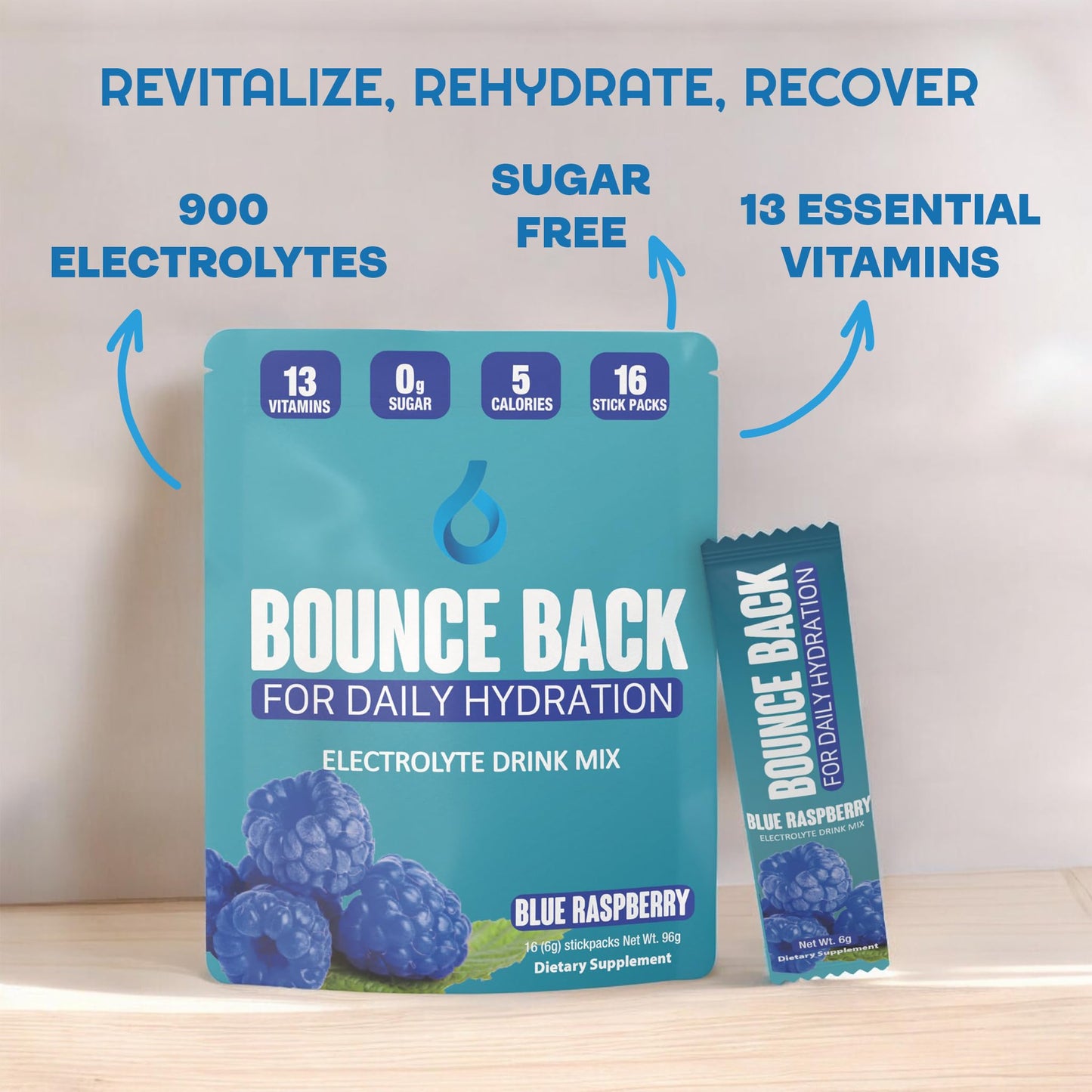 Bounce Back Daily Hydration - 13 Essential Vitamins, Zero Sugar Electrolyte Packets - 5 Calories, Organic - Keto Friendly | 0 Net Carbs (16 Pack, Blue Raspberry)