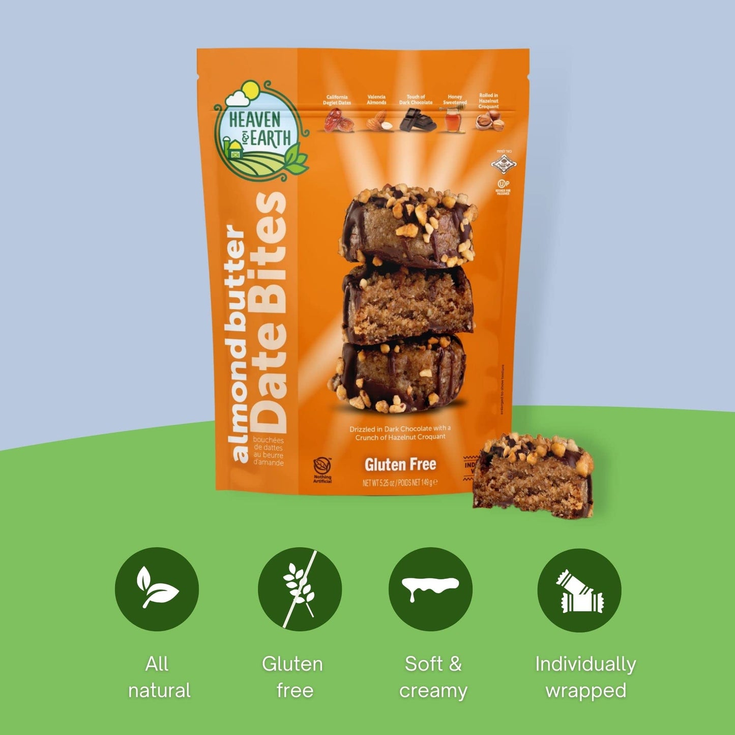 Heaven  Earth Gluten Free Chocolate Covered Almond Butter Date Bite Truffles with Hazelnut Croquet 525oz 2 Pack All Natural Individually Wrapped Date Snack Kosher Including Passover