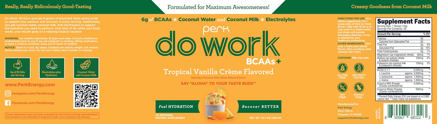 Perk Do Work BCAAs (Tropical Vanilla Créme Flavored, 20 Servings) - BCAA & Hydration Electrolytes Powder with Coconut Water & Coconut Milk