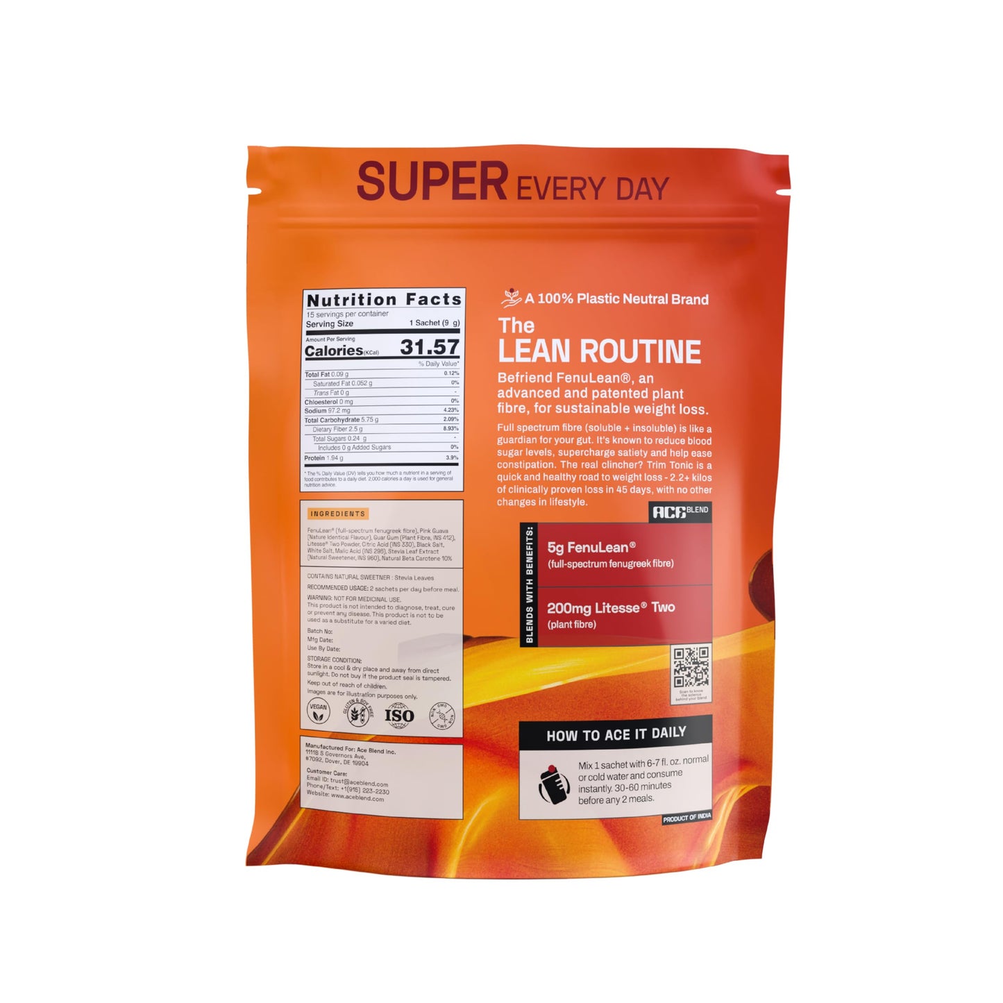 Ace Blend Trim Tonic | 15 Serves | Daily Fiber | Psyllium-Free | Gut Health | Soluble+Insoluble 15 Sachets