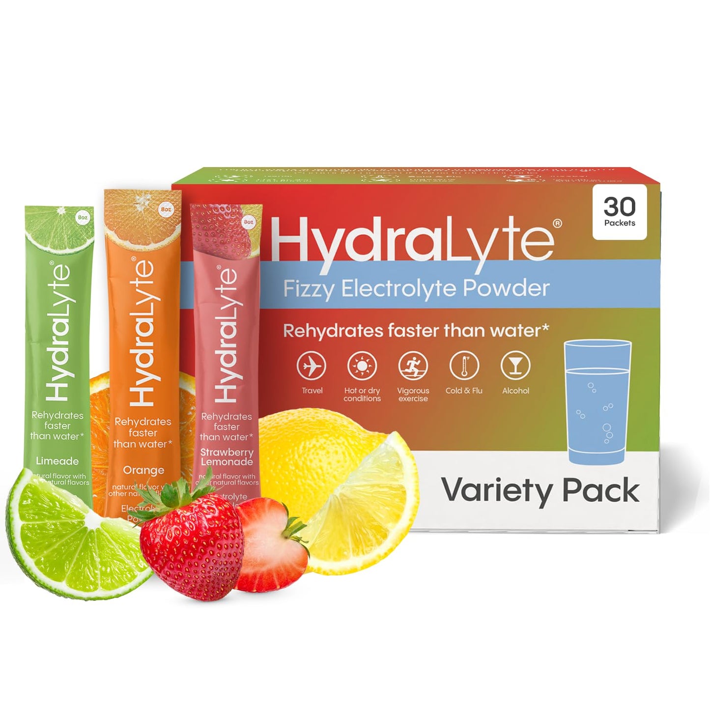 Hydralyte Low Sugar Rapid Rehydration - Lightly Sparkling Electrolyte Powder Packets, 8 oz Serve | Variety Hydration Packets | Hydration for Heat, Travel, Exercise and Bachelorette Parties (30 Count)
