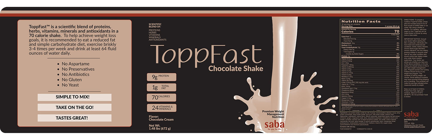 Saba ToppFast™ Nutritional Shake -Scientific Blend of proteins, Herbs, Vitamins, Minerals, & Antioxidants -30 Servings