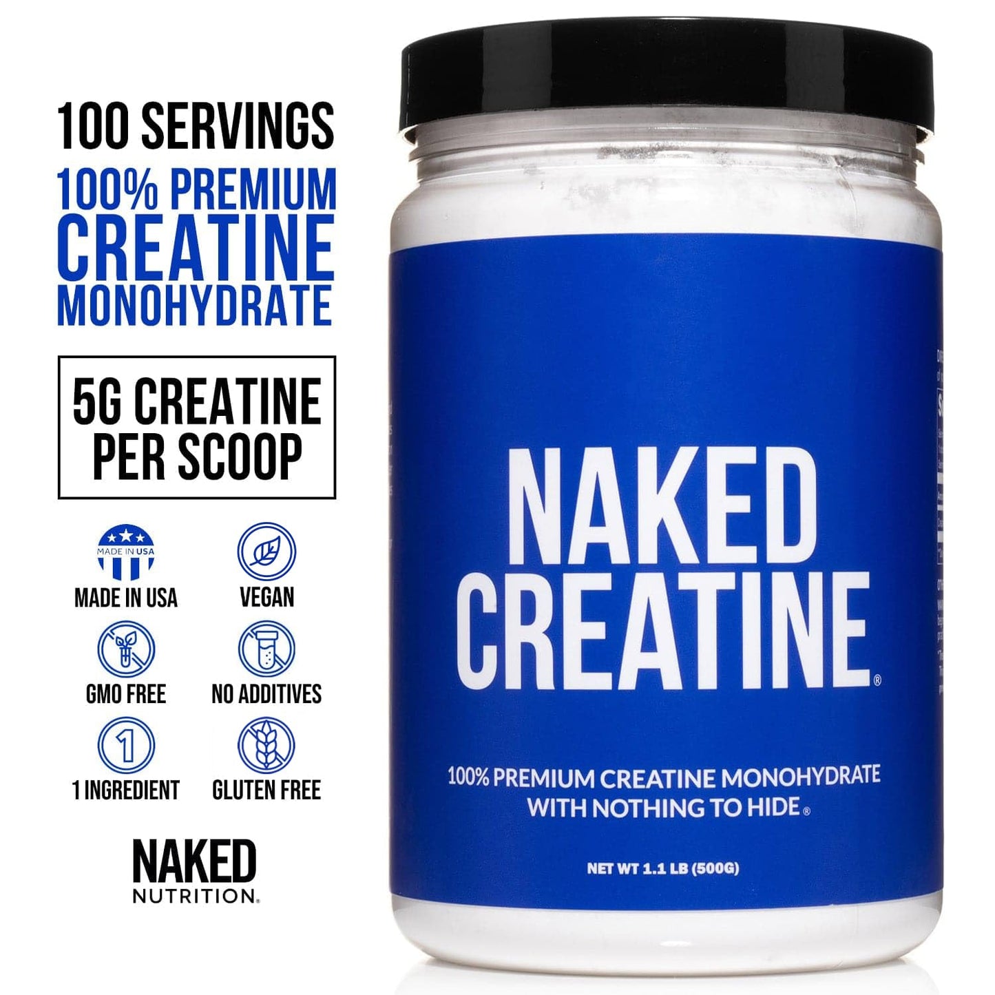 Naked Pure Micronized Creatine Monohydrate Powder - Unflavored, 500g, 1.1lb Bulk - Vegan, Non-GMO, Gluten-Free, Soy-Free, No Fillers, Supports Muscle Growth & Strength - 100 Servings