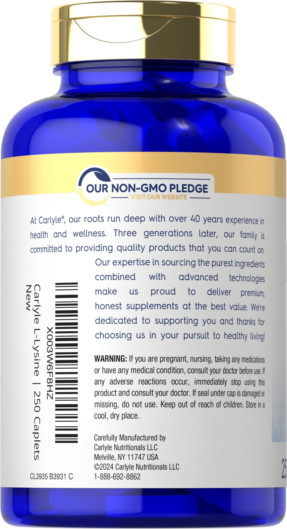 Carlyle L-Lysine 500 mg | 250 Caplet Capsules | Amino Acid Supplement | Vegetarian, Non-GMO & Gluten Free