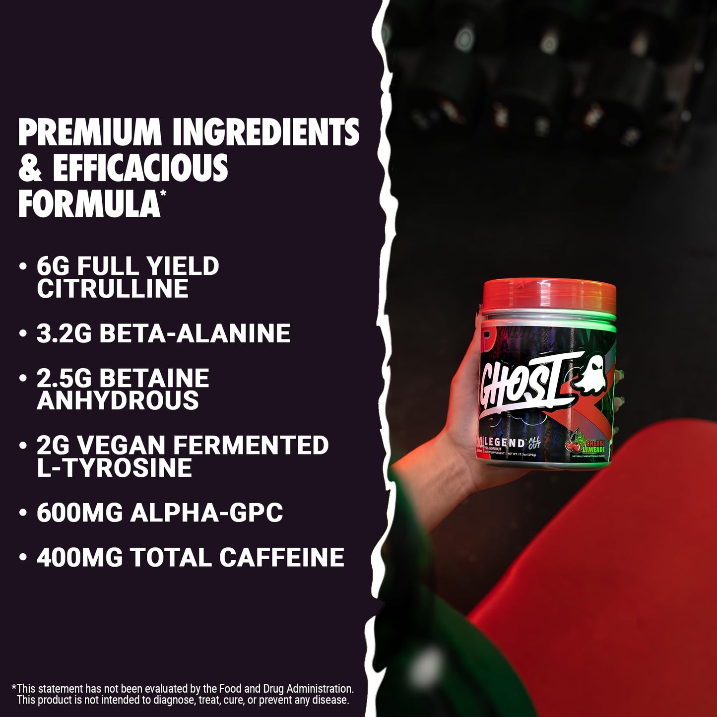 GHOST Legend All Out Pre-Workout Powder, Cherry Limeade - 20 Servings - Pre-Workout Supplement for Men & Women - Energy & Pumps - Caffeine, L-Citrulline, & Beta Alanine Blend - Sugar Free