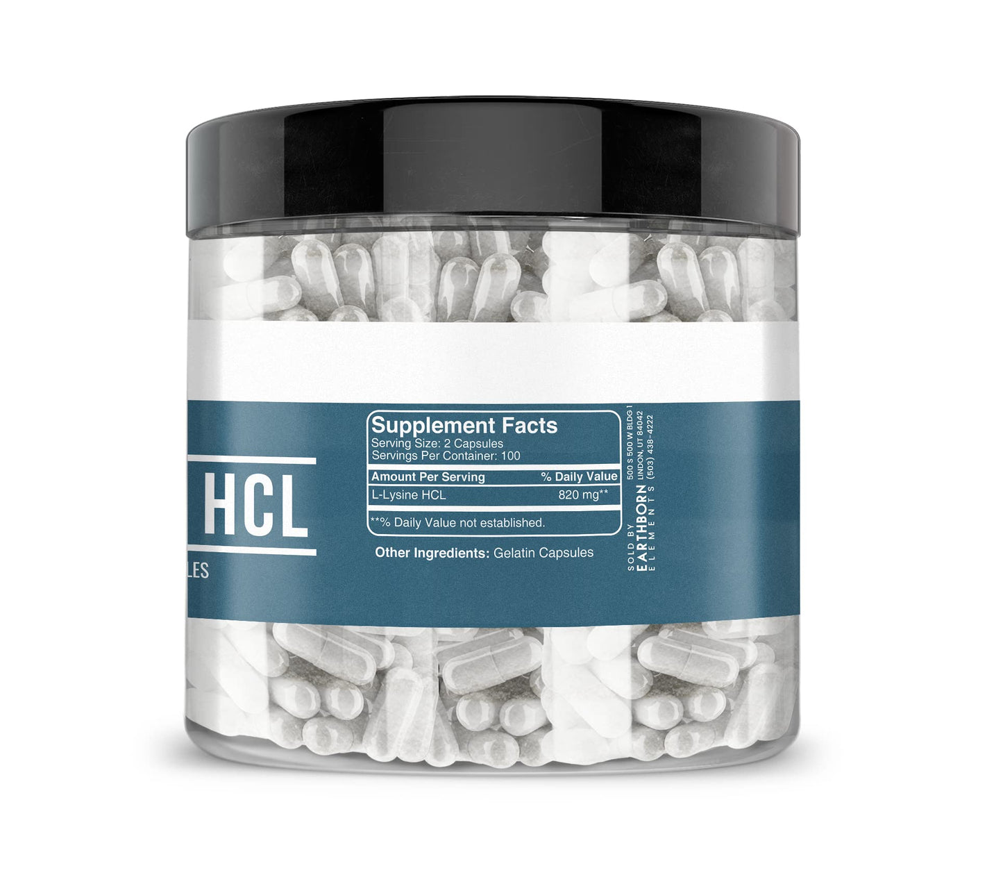 Earthborn Elements L-Lysine HCL 200 Capsules, Pure & Undiluted, No Additives