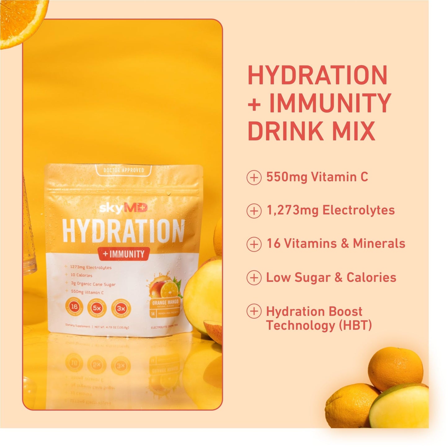 SkyMD Hydration + Immunity Powder Packets with Electrolytes | Hydration Multiplier, Immune Booster with Vitamins, Minerals | Low Sugar & Calories, Mix in Water | 14 Single-Serving Sticks, Orange Mango