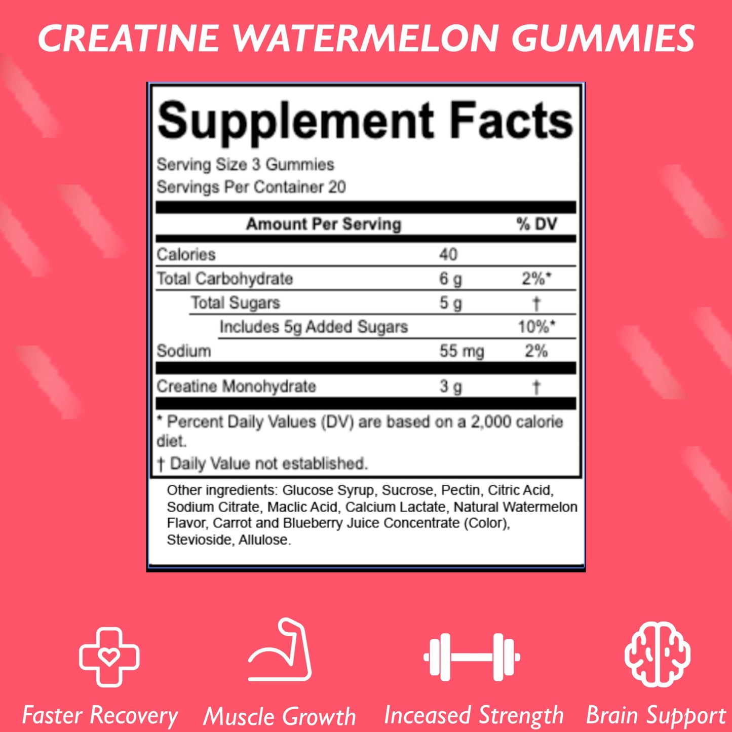 Bizi Creatine Watermelon Gummies for Men & Women, Creatine Monohydrate Gummies, Watermelon Flavor Creatine Gummy, Workout, Muscle Growth, & Recovery Supplement, Vegan & Gluten Free (60 ct)
