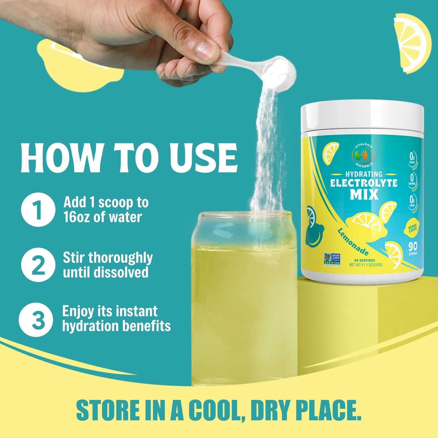 Electrolytes Powder No Sugar - Lemon Hydration Powder | Sugar-Free Electrolyte Mix, Zero Sugar, Keto & Vegan Electrolyte Drink, Clean Natural Hydration for Instant Rehydration - 90 Servings