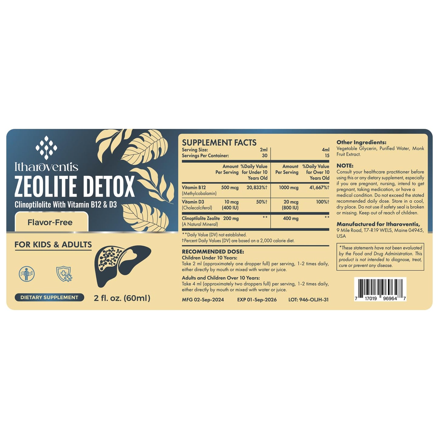 Itharoventis Zeolite Drops for Kids and Adults, Zeolite Clinoptilolite Liquid with Methyl Vitamin B12 & D3, Monk Fruit Flavor, 2 Fl Oz