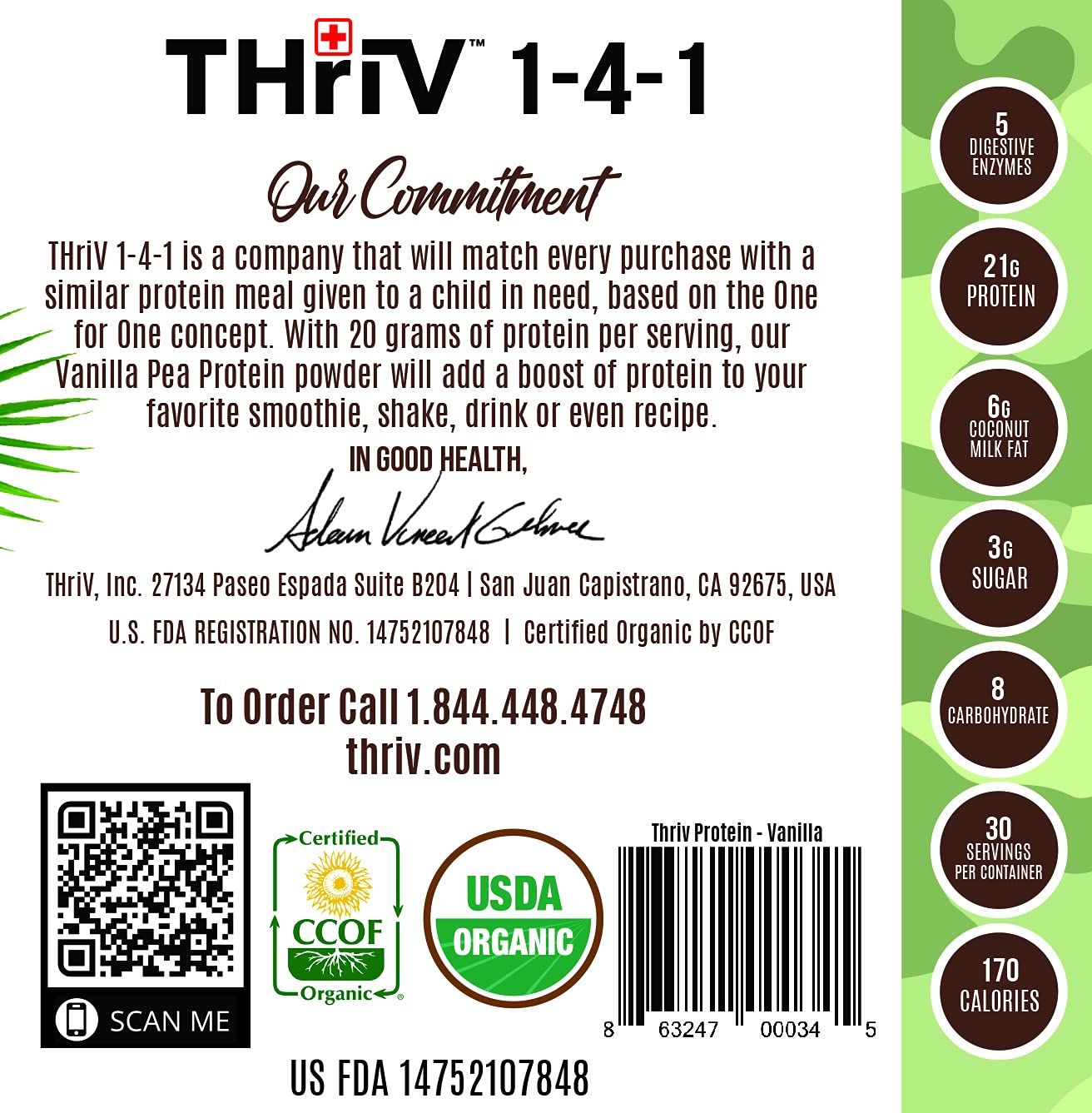 Thriv THriV Nutrition - Organic Plant Based Protein Powder, Chocolate or Vanilla, Vegan, Gluten-Free, Non-GMO, Dairy Free, (2.5lb/1,140g) Powder (Vanilla)