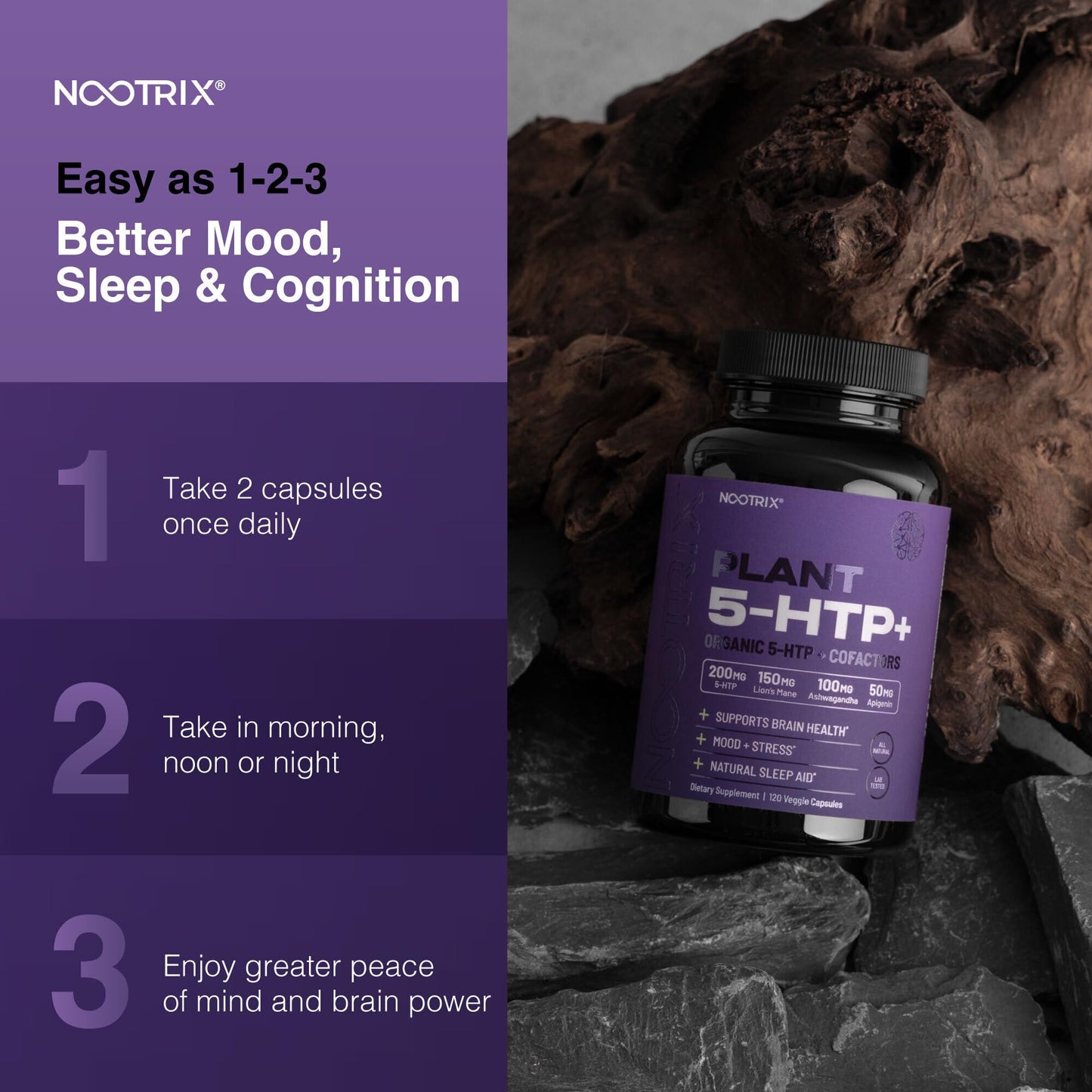 Organic Plant 5 HTP+ Cofactor, 200mg | Brain Supplement, Supports Mood, Cognitive Health & Better Sleep | Vitamin B6 & L Theanine | 360 Capsules