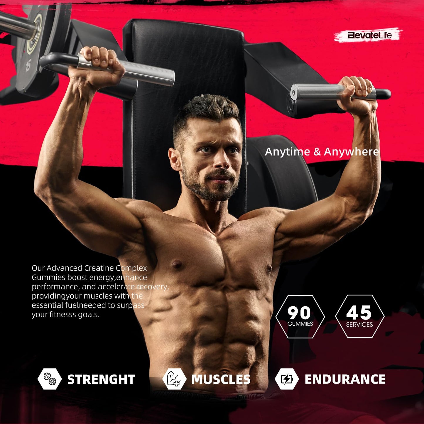 ElevateLife Creatine Monohydrate Gummies 5000mg for Men & Women, Chewables Creatine Monohydrate for Muscle Strength, Muscle Builder, Energy Boost, Pre-Workout Supplement-90 WatermelonGummies