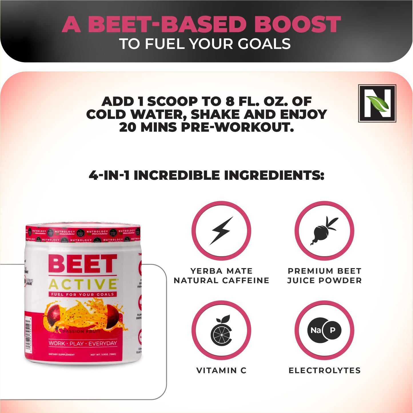 Nutrology Beet Active, Natural Pre-Workout Powder, Supports Energy, Endurance & Nitric Oxide Flow with Beet Powder, Yerba Mate & Electrolytes, Vegan Pre Workout, Passion Fruit Flavor, 30 Servings