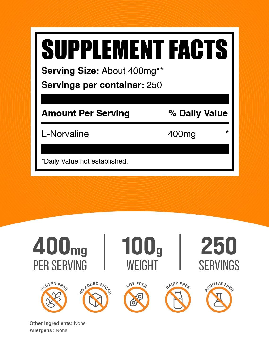 BulkSupplements.com L-Norvaline Powder - L-Norvaline Supplement, Nitric Oxide Supplement, Amino Acid - Gluten Free, 400mg per Serving, 100g (3.5 oz) (Pack of 1)