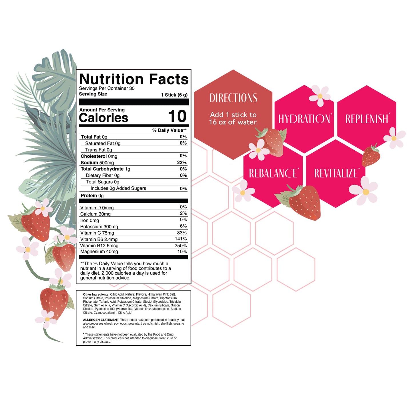 Strong + Sexy Fit HydrateHER Electrolytes+, Electrolyte & Vitamin Powder Drink Mix With Magnesium, Potassium, Vitamin C, B & 500 MG Sodium, On the Go Hydration, Sugar Free, Wild Strawberry, 30 Packets