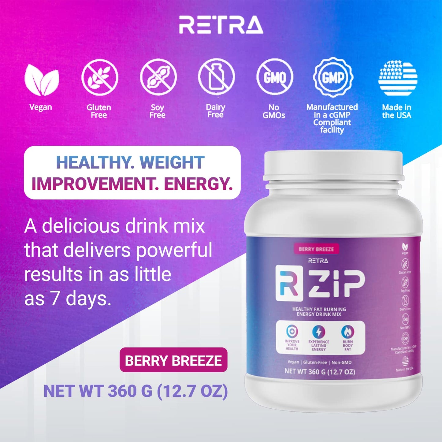 RETRA Zip Canister - Vegan and Gluten-Free Energy Drink Mix, Supports Immune System, Gut Health - Berry Breeze Flavor - 12.07 Ounce
