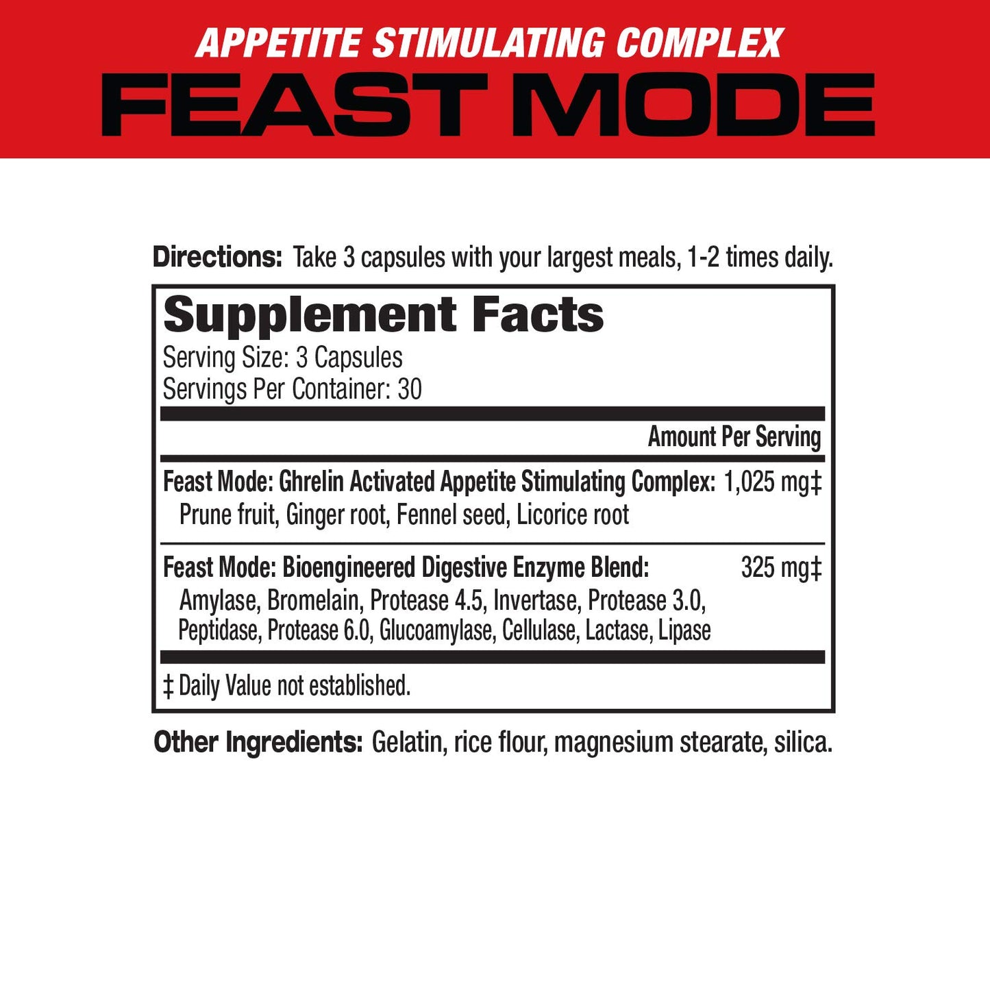 MuscleMeds Feast Mode Appetite Stimulant Weight Gain Pills Digestive Enzymes Safe and Effective 90 Caps, Unflavored, 90 Count