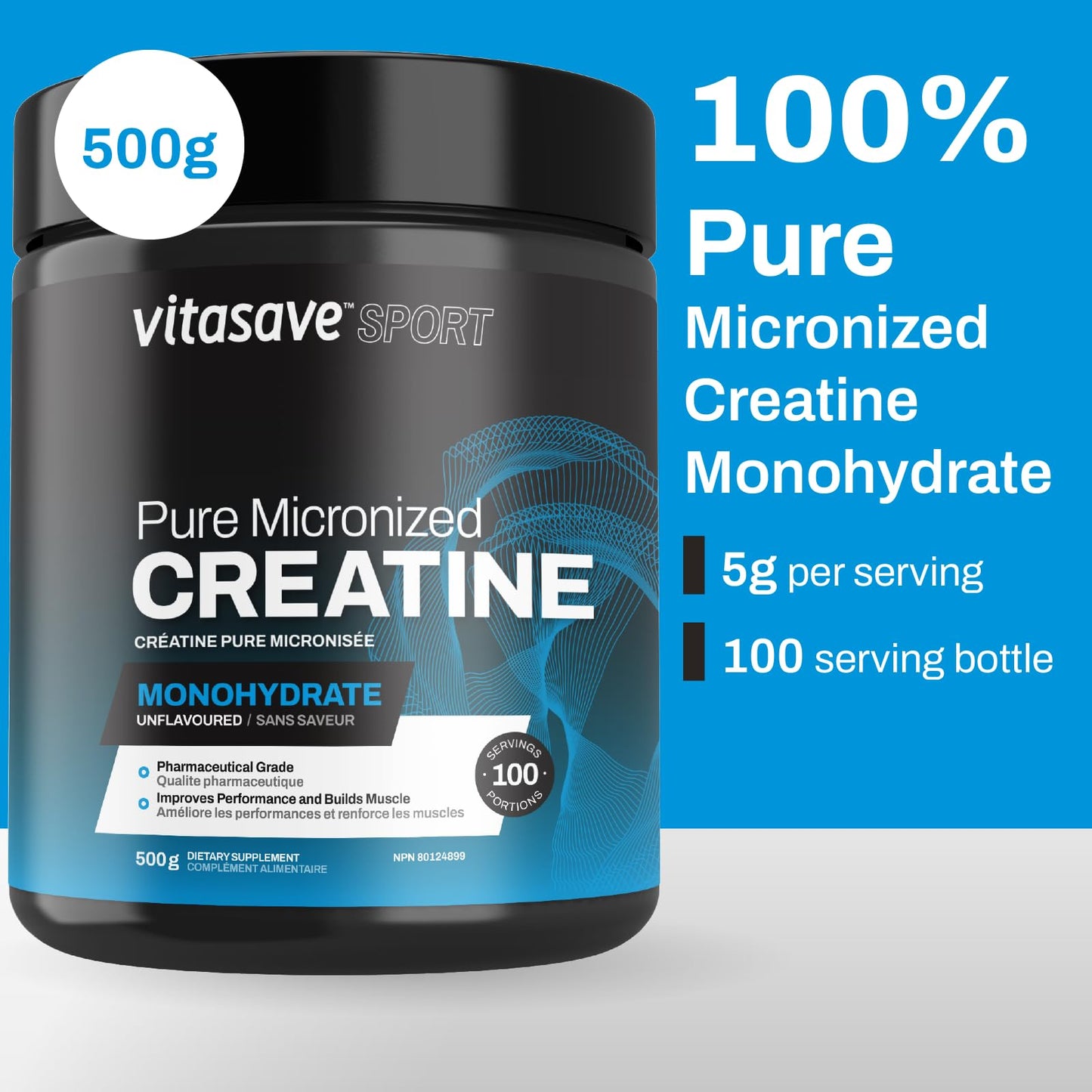 Vitasave Micronized Creatine Monohydrate Powder 500g (100 Servings) - Muscle Growth & Performance Creatine Supplement Ultra Fine Fast-Absorbing Formula for Athletes & Bodybuilders - Made in Canada