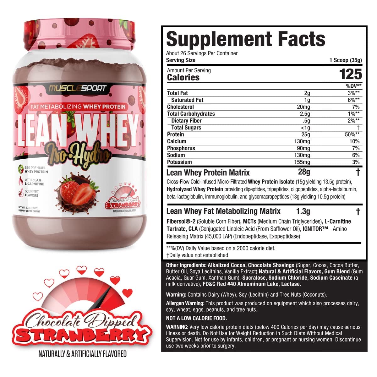 Musclesport Lean Whey Revolution™, Whey Protein Isolate with Hydrolyzed Whey - Low Calorie, Low Carb, Low Fat, Incredible Flavors - 25g Protein per Scoop (2LB, Chocolate Dipped Strawberry)