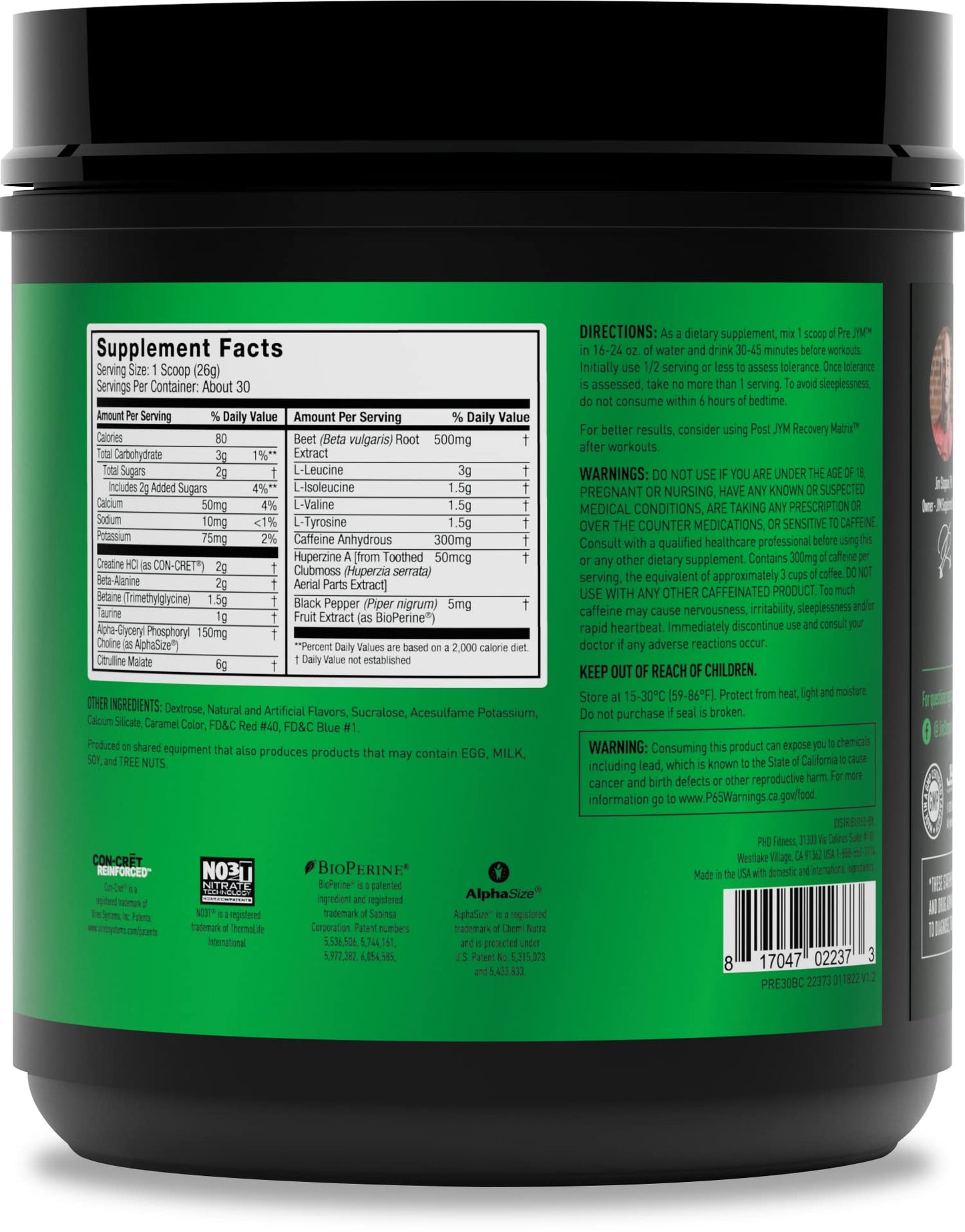 JYM Supplement Science Pre JYM Black Cherry Pre Workout Powder for Men & Women, BCAAs, Nootropics, Creatine HCI, Citrulline, Beta-Alanine, Betaine, Taurine, Huperzine, 30 Servings