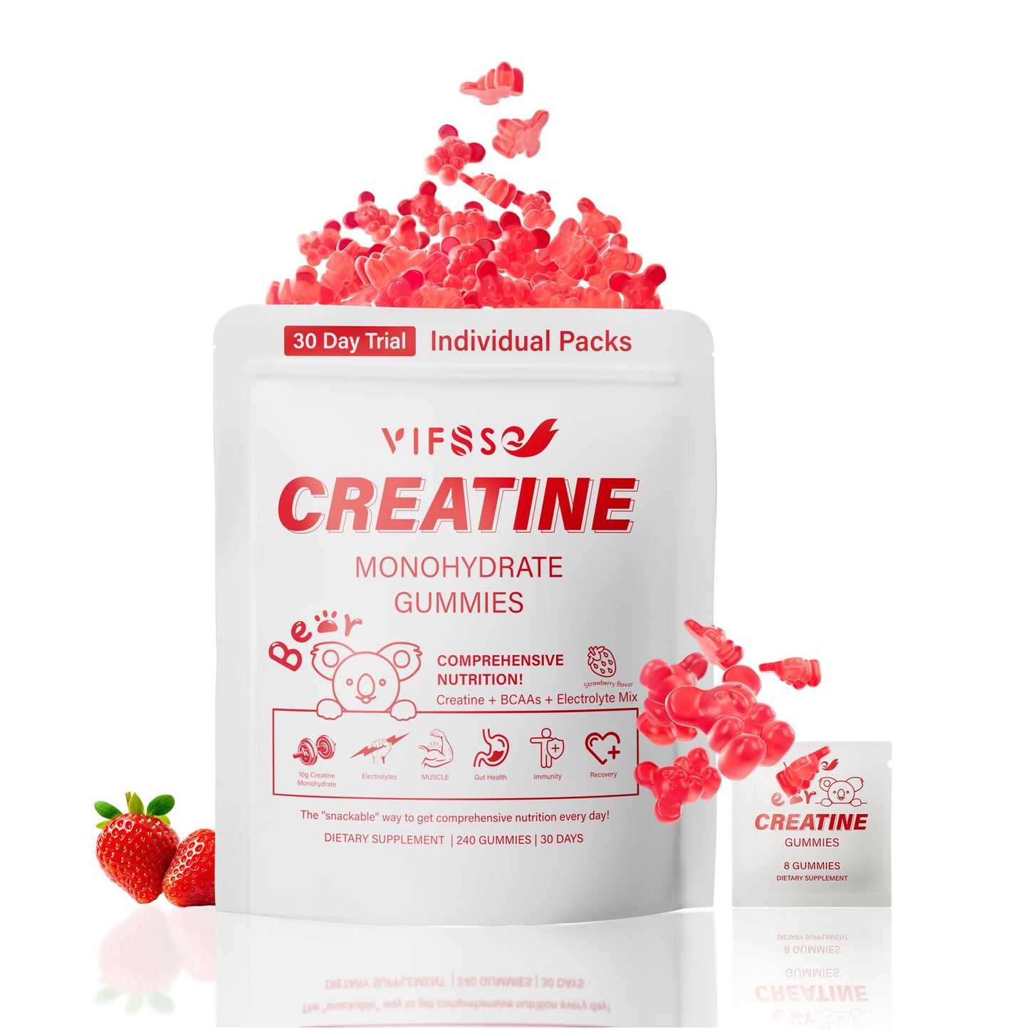 VIFSSG Creatine Monohydrate, Creatine Chewable 240 Gummies for Women and Men with 10 Creatine Monohydrate, Mix BCAAs and Electrolytes per Serving, Strawberry Sugar Free Gummies for Muscle Strength