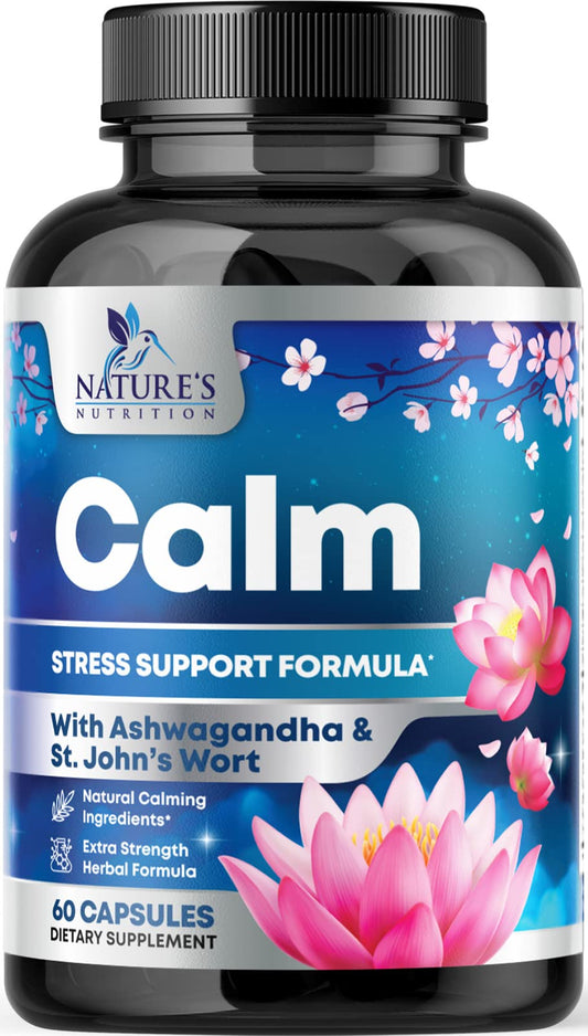 Natural Calm, Unwind & Relax Support with Ashwagandha, GABA, Magnesium, 5-HTP, L-Theanine & B Vitamins, Natural Focus, Energy & Immune Support - Nature's Non-GMO, Vegan, Gluten Free - 60 Capsules