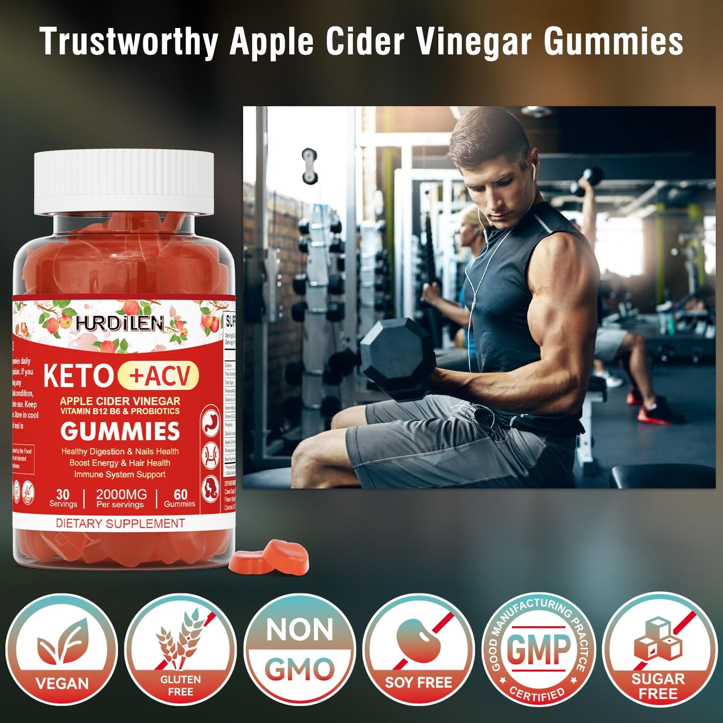Keto ACV Gummies - 2000mg Apple Cider Vinegar Gummies with Probiotics, Vitamin B12 & B6 for Digestion, Energy Boost, Immunization & Hair Health - 60 Count No Sugar, Non-GMO, Gluten-Free for Women Men