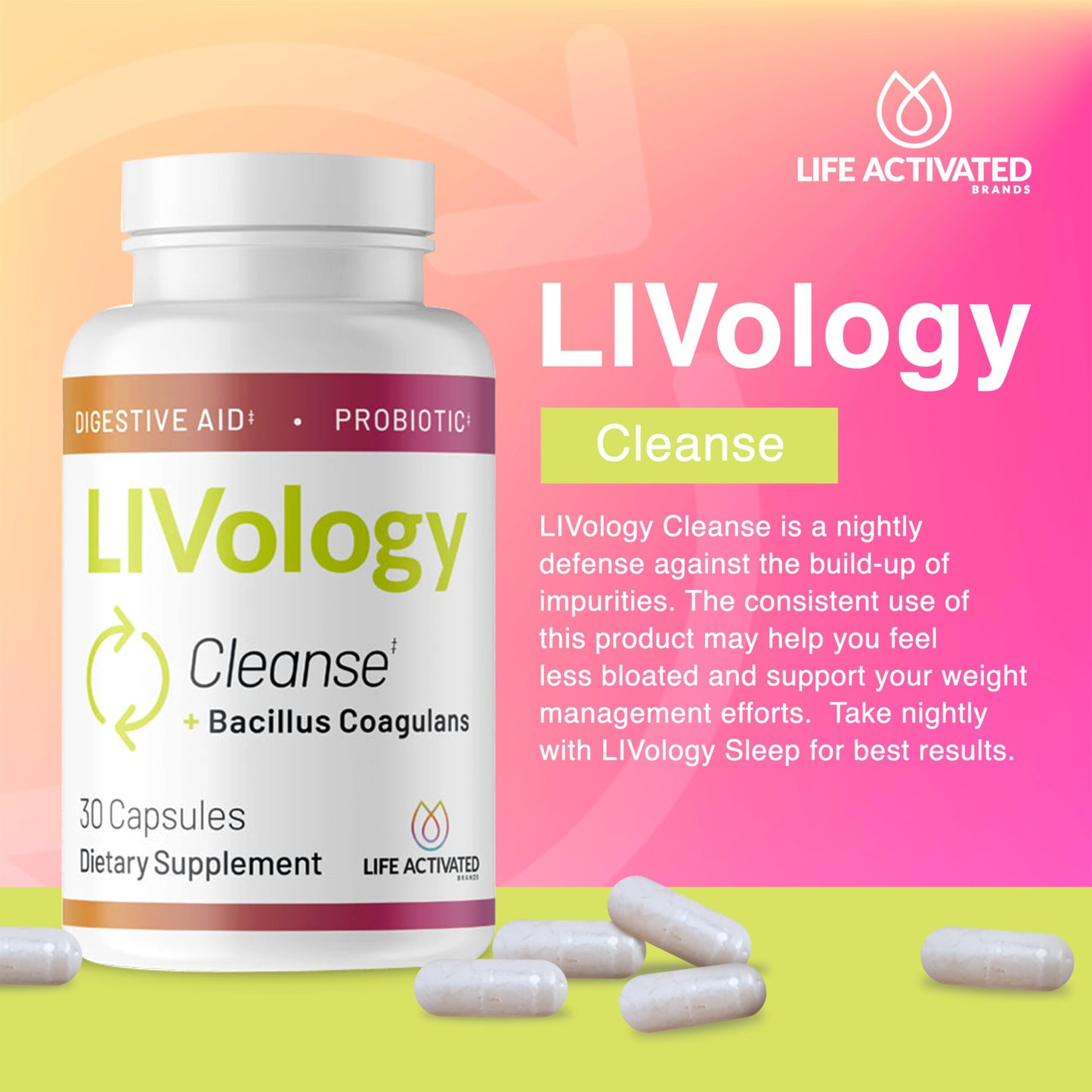 LIVology Cleanse - Nightly Defense for Less Bloating, Improve Food Processing & Gut Health - Vegan & Non-GMO, Gluten, Dairy & Soy-Free - 30 Capsules