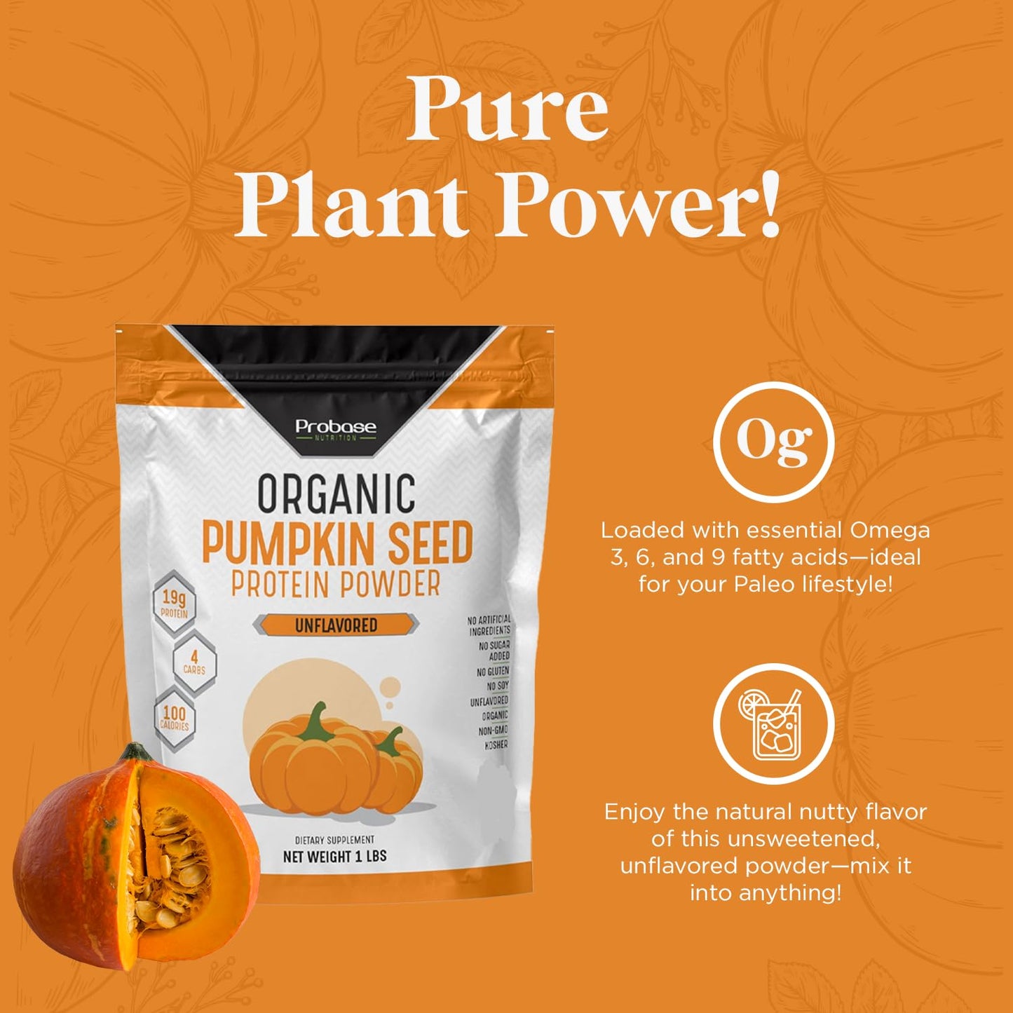 Probase Nutrition, Pumpkin Seed Protein Powder, Unsweetened Plant-Based Pumpkin Protein Powder, Ideal for Post-Activity Support, Pumpkin Powder is Rich in Omega 3, 6, 9 | 1 lb, Cold Pressed