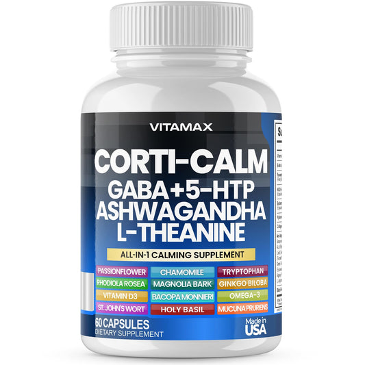 Corti-Calm Cortisol Supplement, L Theanine, Ashwagandha, Vitamin D 3, GABA for Relaxation, Fatigue & Focus with Ginkgo Biloba, Bacopa Monnieri, 5-HTP - Non-GMO, Made in USA - 60ct