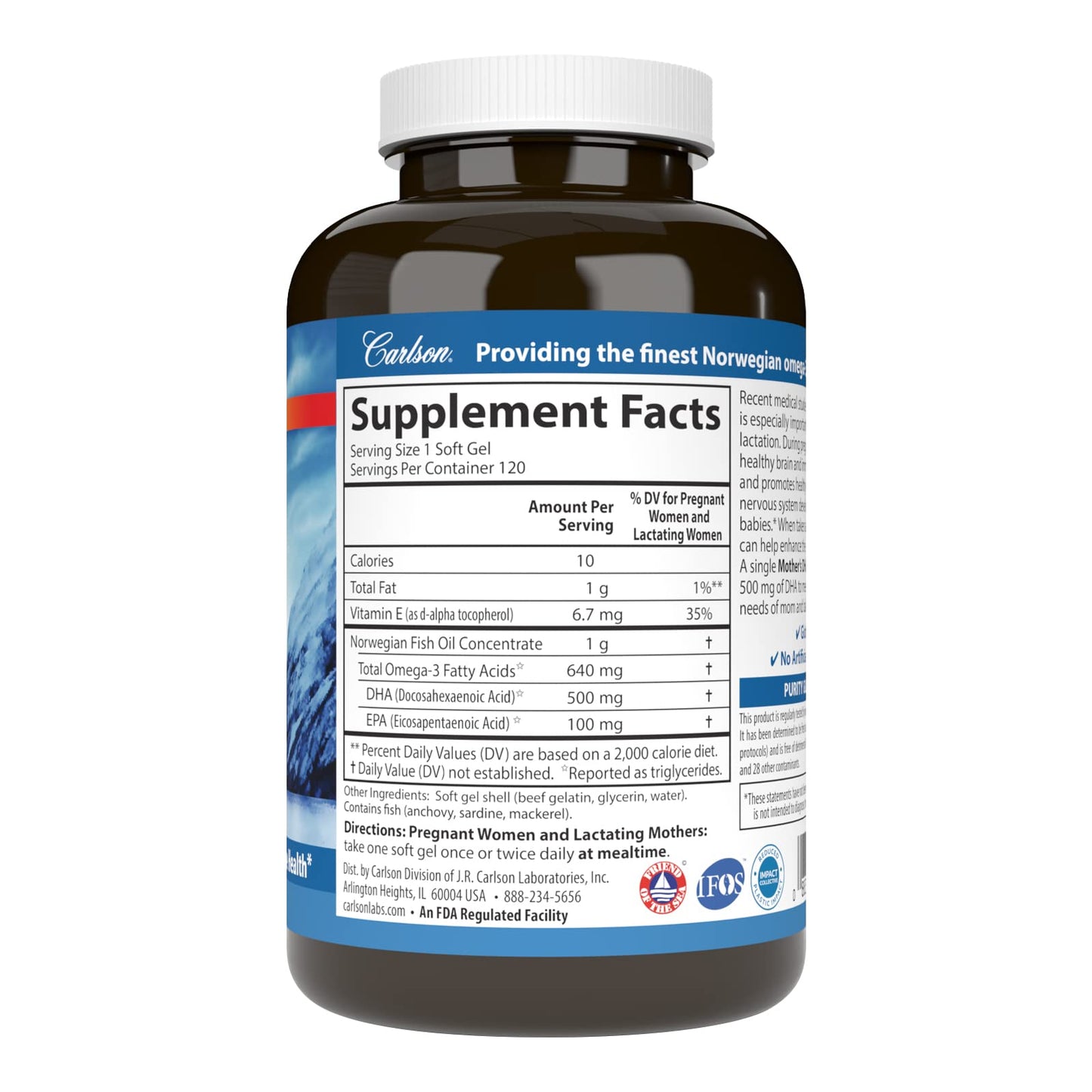Carlson - Mother's DHA, 500 mg DHA, Prenatal Support, Fetal Development & Immune Health, 120 Softgels