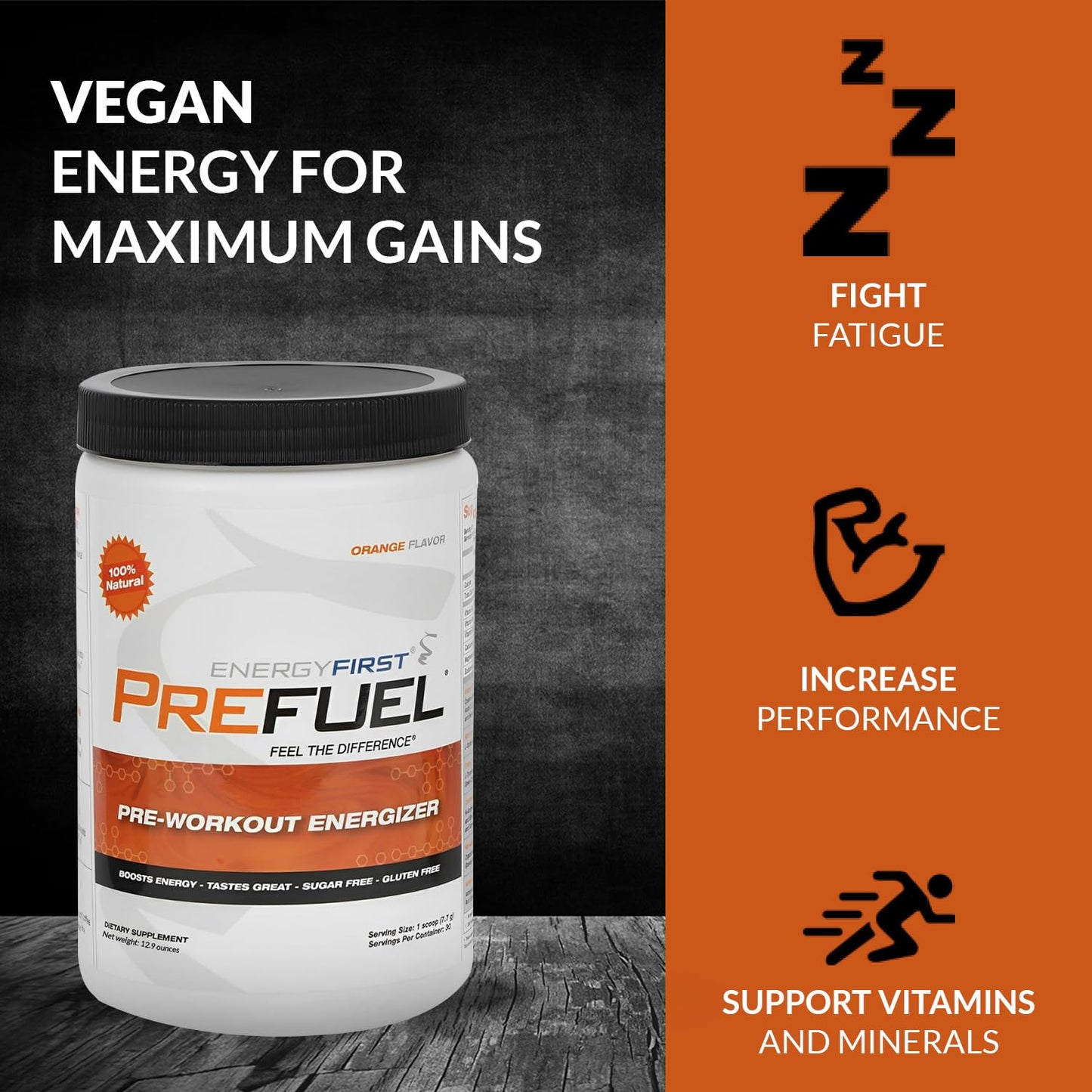 EnergyFirst Prefuel Vegan Pre-Workout Powder, Zero Sugar, All-Natural Energizer with Immune Support Orange Flavor, 30 Servings for Maximum Workout Performance