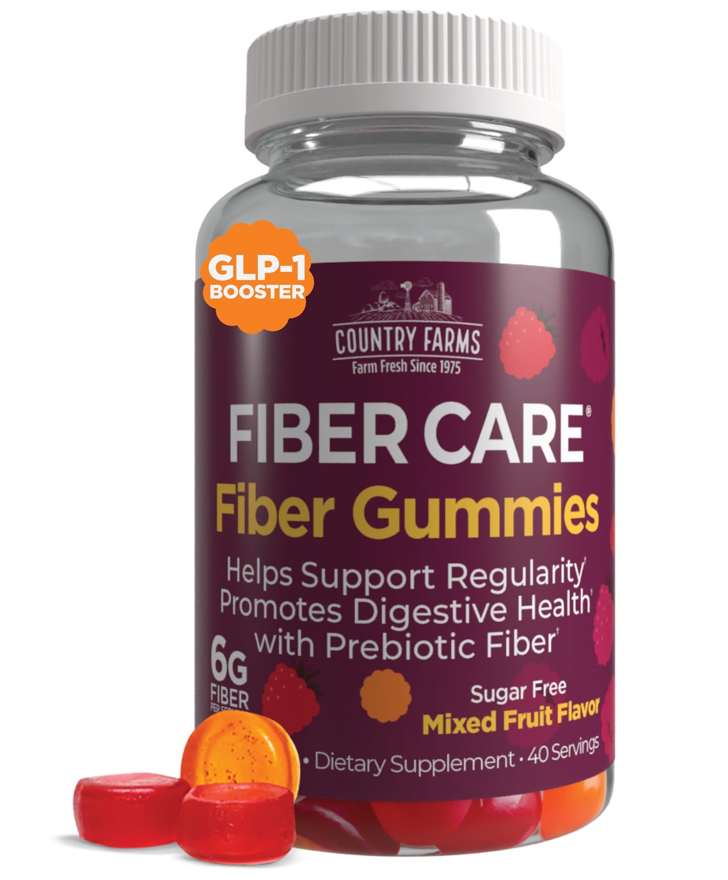 Country Farms Fiber Care Prebiotic Gummies, 6g of Fiber Per Serving, FOS from Beets, Digestive Health, Supports Regularity, Mixed Fruit Flavor, 120 Gummies, 40 Servings, Multi