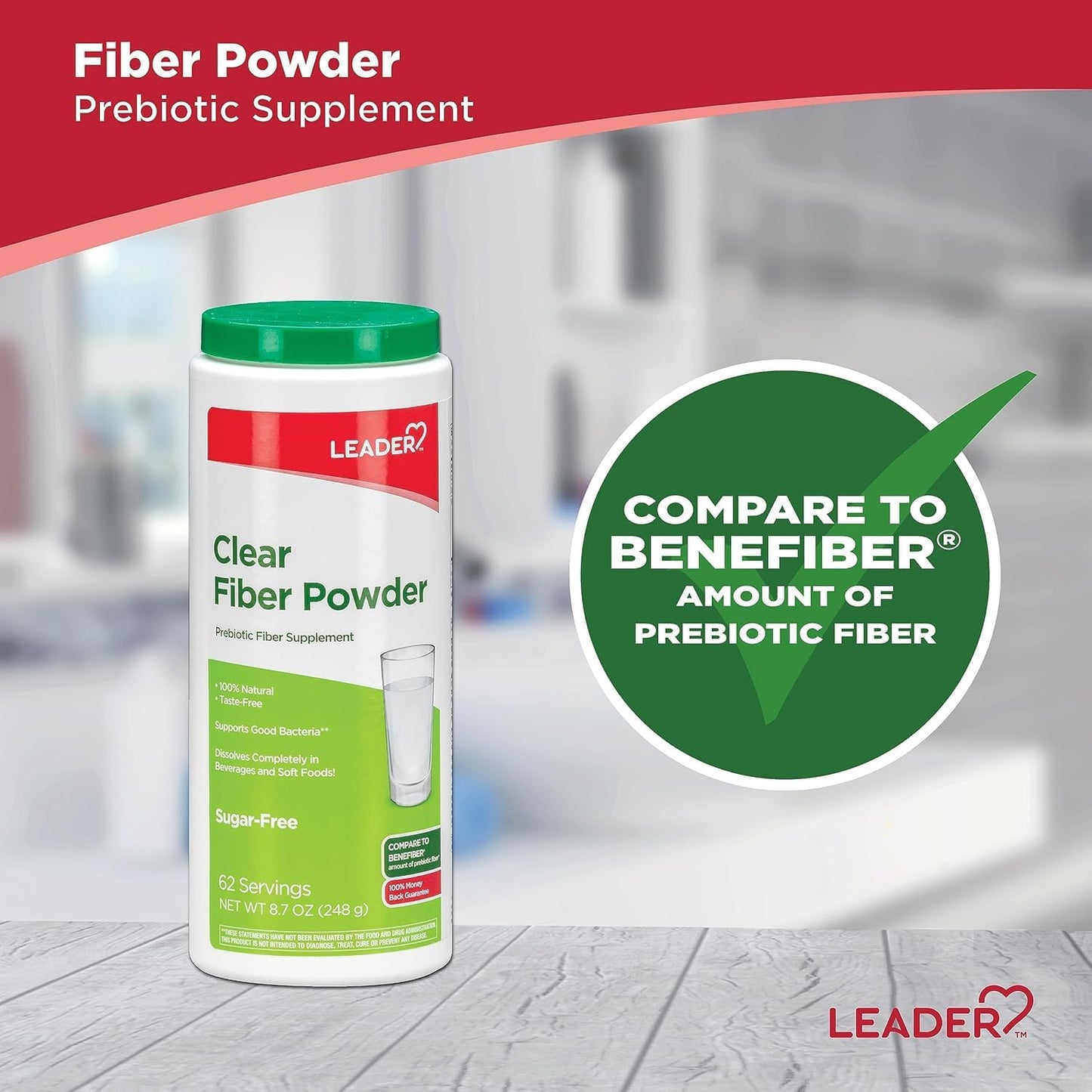 Leader Prebiotic Fiber Supplement Powder for Digestive Health, 100% Natural Daily Fiber Powder, Sugar-Free, Taste-Free, Gluten Free, Non-GMO, Unflavored (Pack of 2)