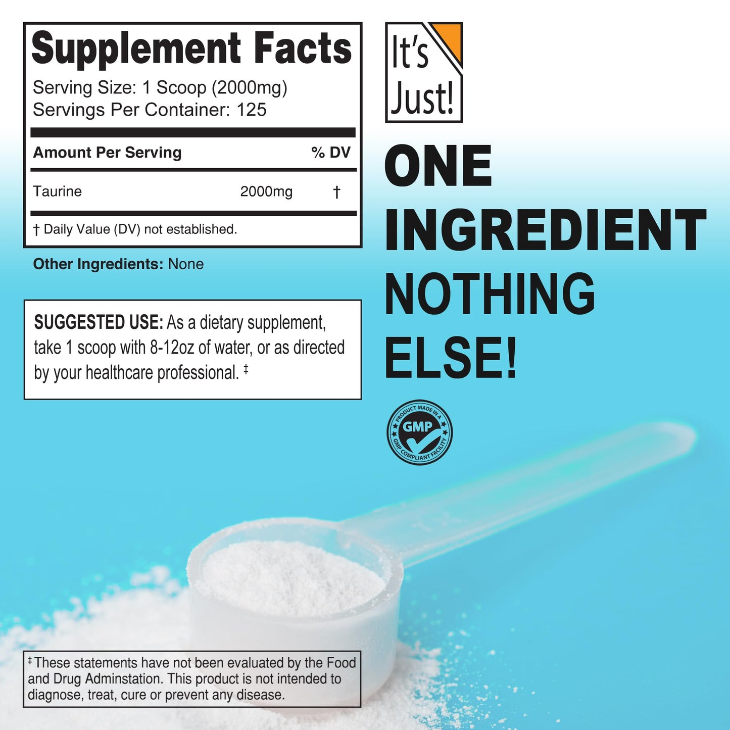 It's Just! - Taurine Powder, 250g Bulk, Pre-Workout Supplement, Unflavored (250g / 125 Servings)