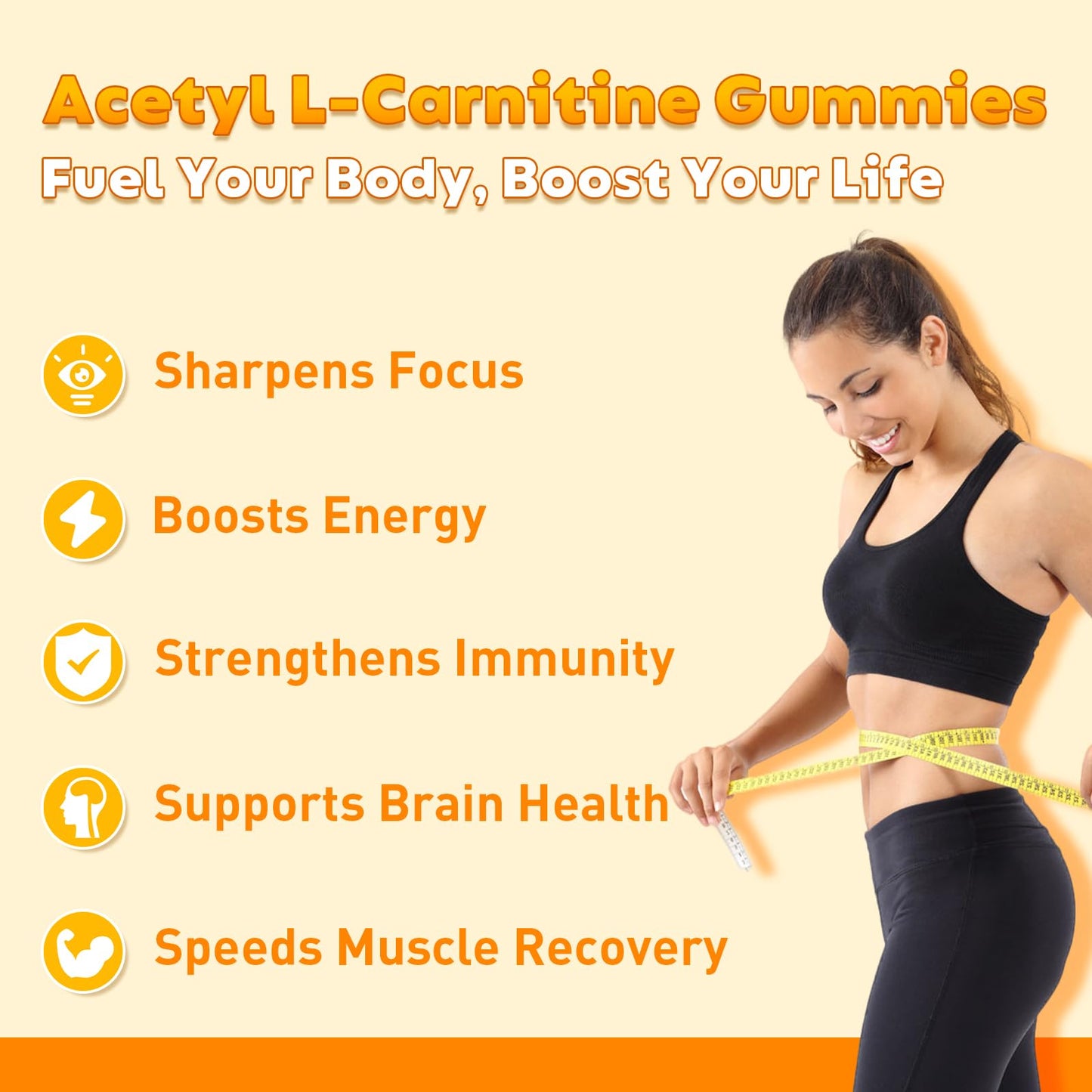 2 Pack Acetyl L-Carnitine Gummies for Energy & Brain Function Support - Vegan, Non-GMO, Orange Flavor, 120 Count (60-Day Supply)