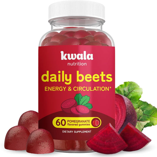 Kwala Nutrition Beet Gummies for Energy, Nitric Oxide & Heart Health | Super Nitric Oxide Supplement with Grape Seed Extract | Pomegranate Flavor | Vegan, Non-GMO | 60 Beet Chews, Chewables