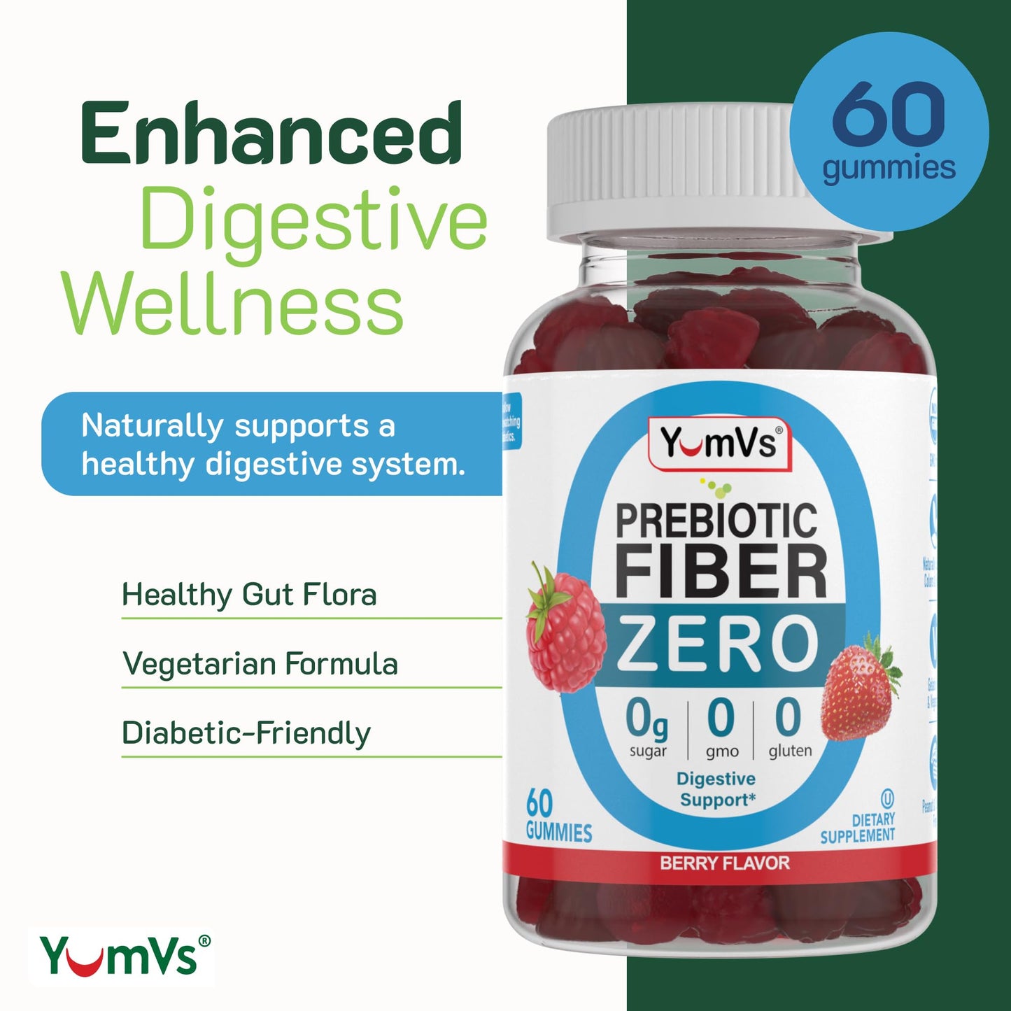 YUM-V'S Prebiotic Fiber Zero Gummies, Keto Friendly Sugar Free Supplement, 4 g Fiber for Digestive Support, Natural Berry Flavor Chewables for Women & Men, 60 Count