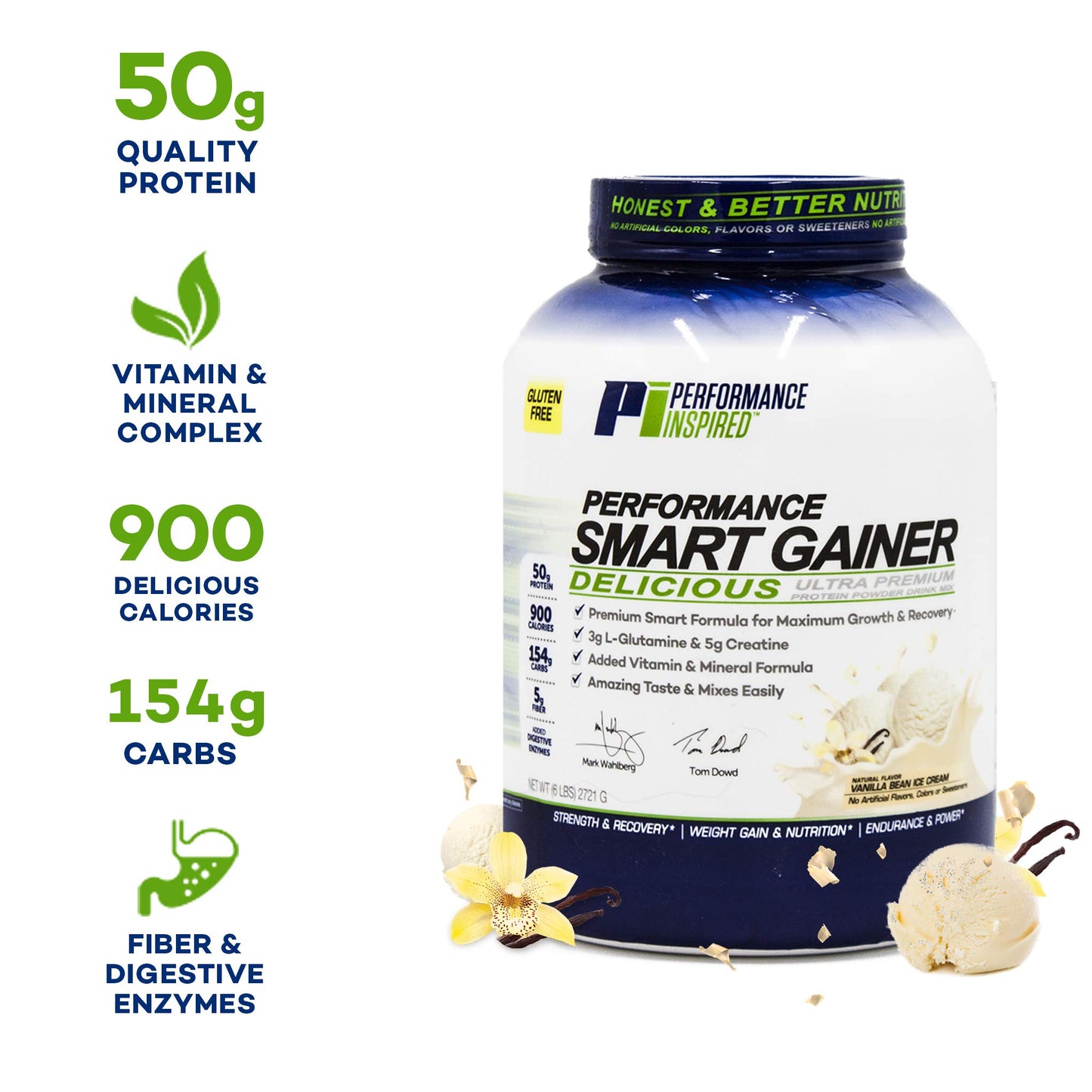 Performance Inspired Nutrition Smart Mass Gainer - 50G Protein, 900 Calories, Creatine, L-Glutamine & Digestive Enzymes - Muscle Growth & Recovery - Vanilla Bean Ice Cream - 6 lb