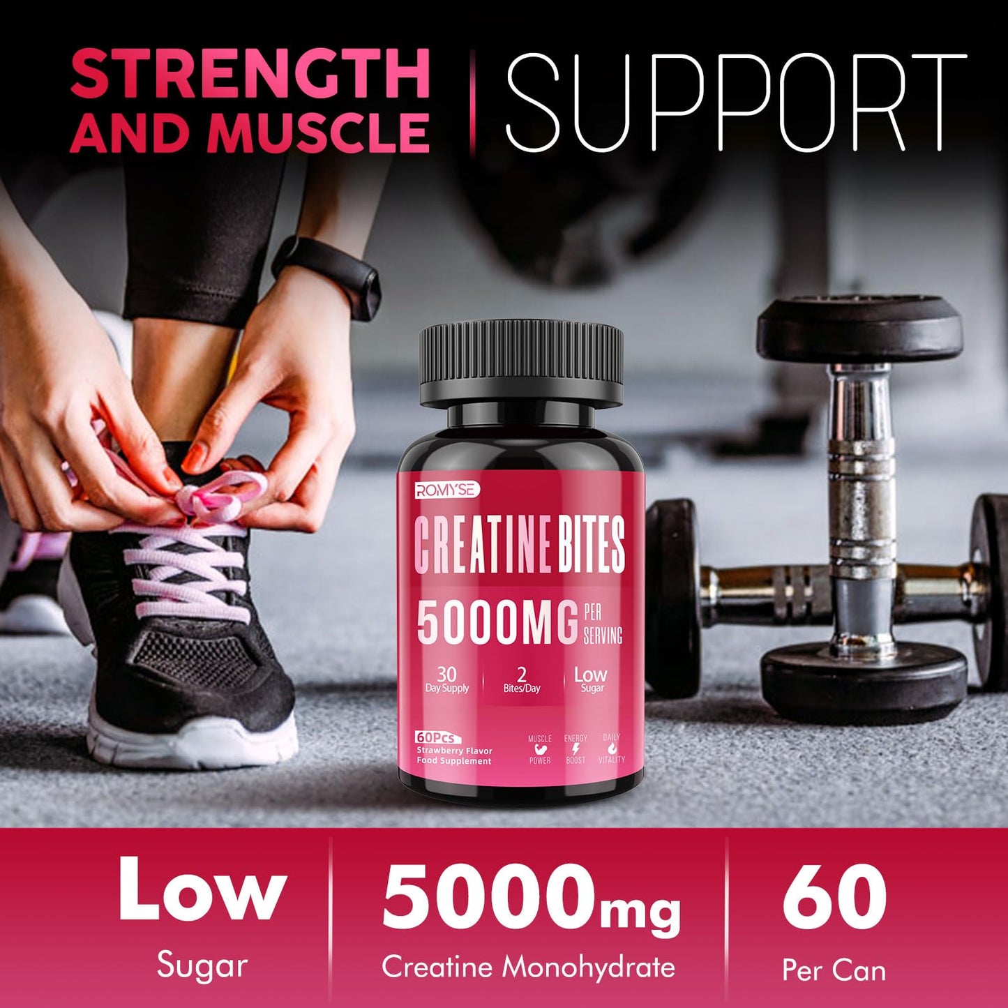 ROMYSE Creatine Bites - 5g Creatine Monohydrate Per Serving - Low Sugar and No Artificial Colors - Low Calorie - Strawberry Flavor - 60 Bites Gummy 30 Days Supply for Men Women
