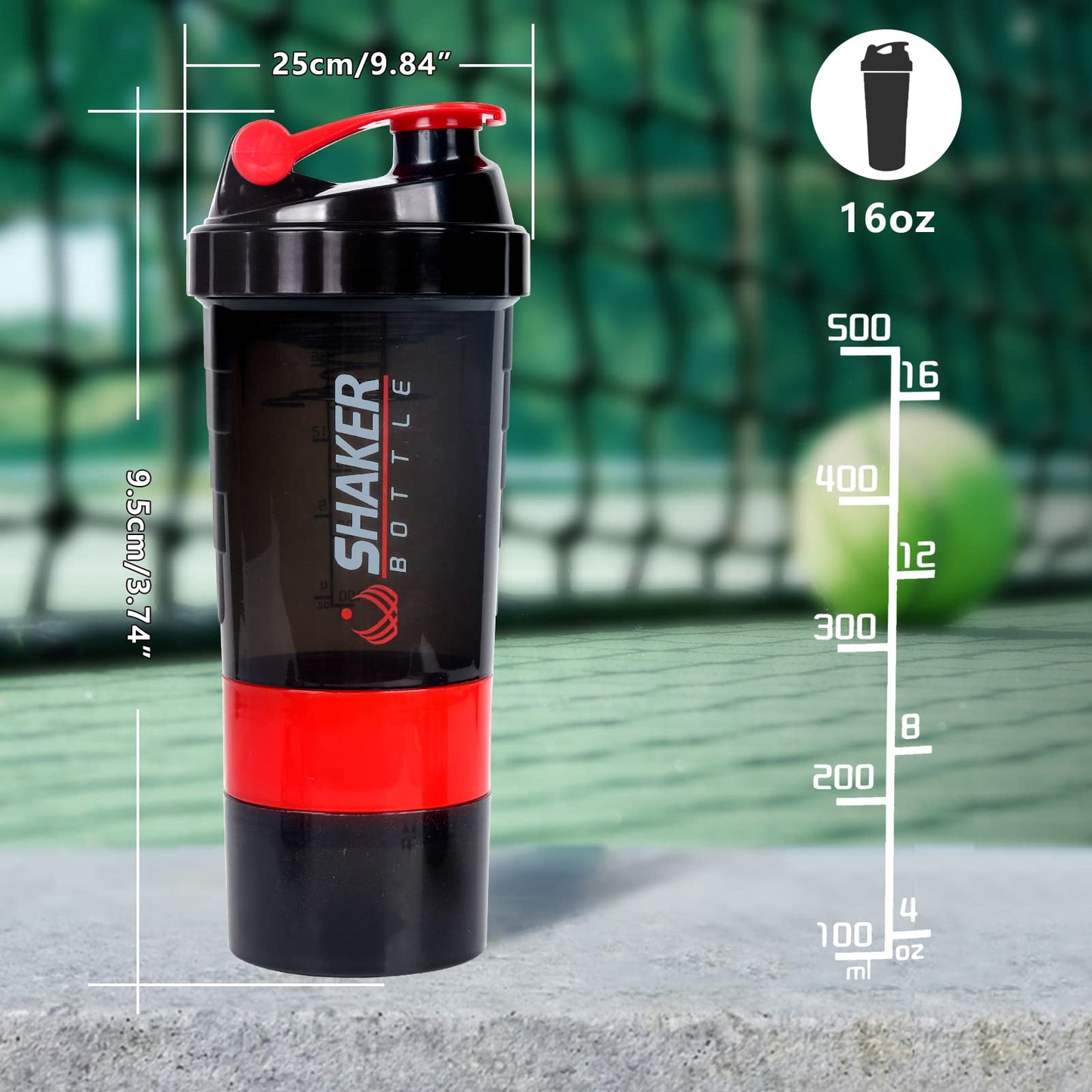 XTK Shaker Bottle 16OZ Protein Shaker Bottles with Mix Ball Portable Sports Water Bottle Leak Proof GYM Cup for Protein Mixes with Storage & Pill Organizer, Ideal for Pre Workout,BPA Free (Red)