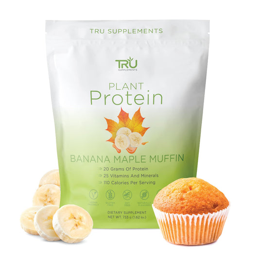 TRU Supplements Plant Based Protein Powder, BCAA, EAA, 20g Vegan Protein, 100 Calories, 27 Vitamins, No Artificial Flavors 25 Servings (Banana Maple Muffin)