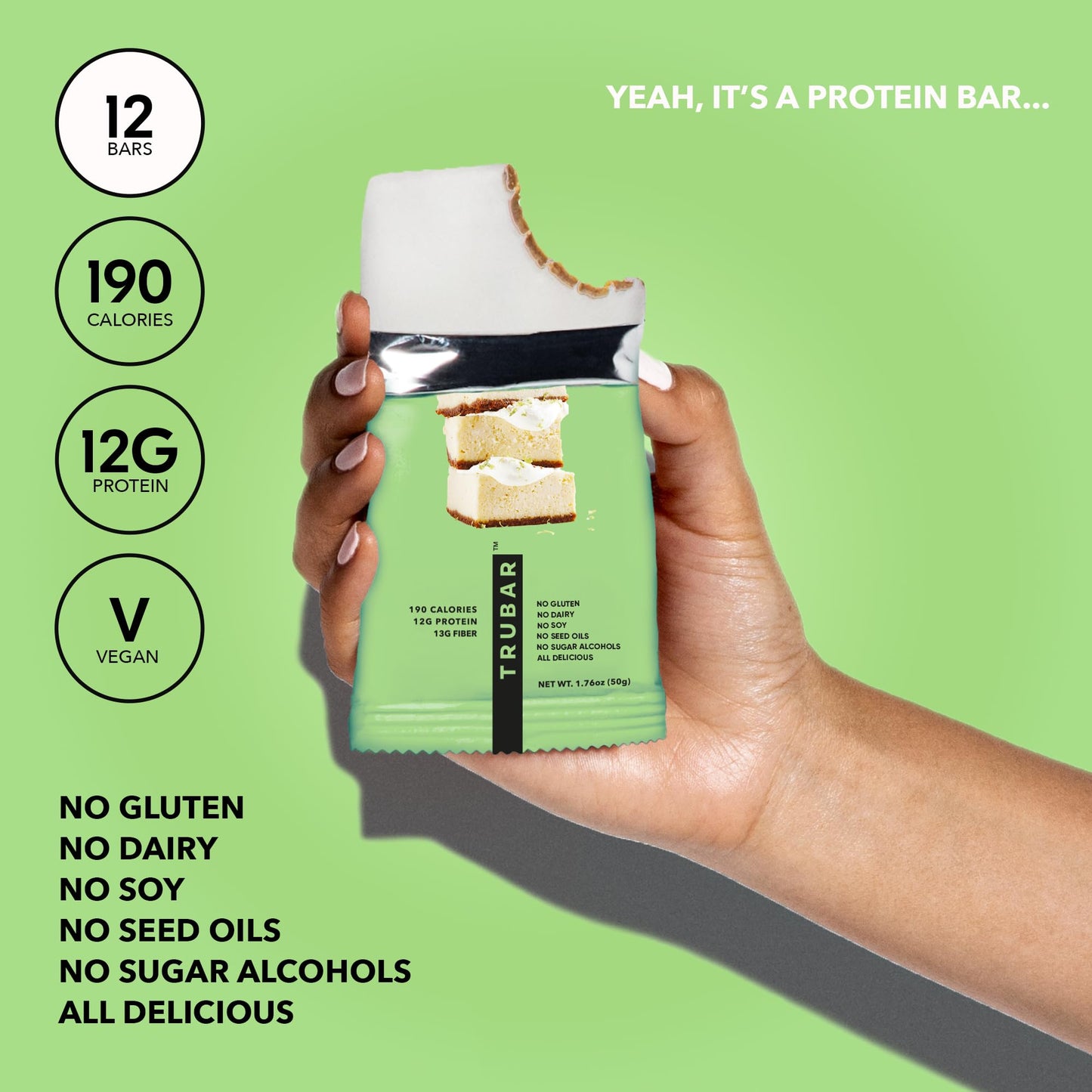 TRUBAR Vegan Protein Bar, Whipped for Key Lime, Gluten Free, Plant Based, High Fiber, Dairy Free, Low Fat, Non GMO, No Sugar Alcohols, 12G Lean Protein, 13G Fiber, Healthy Snack Bars, 12 CT