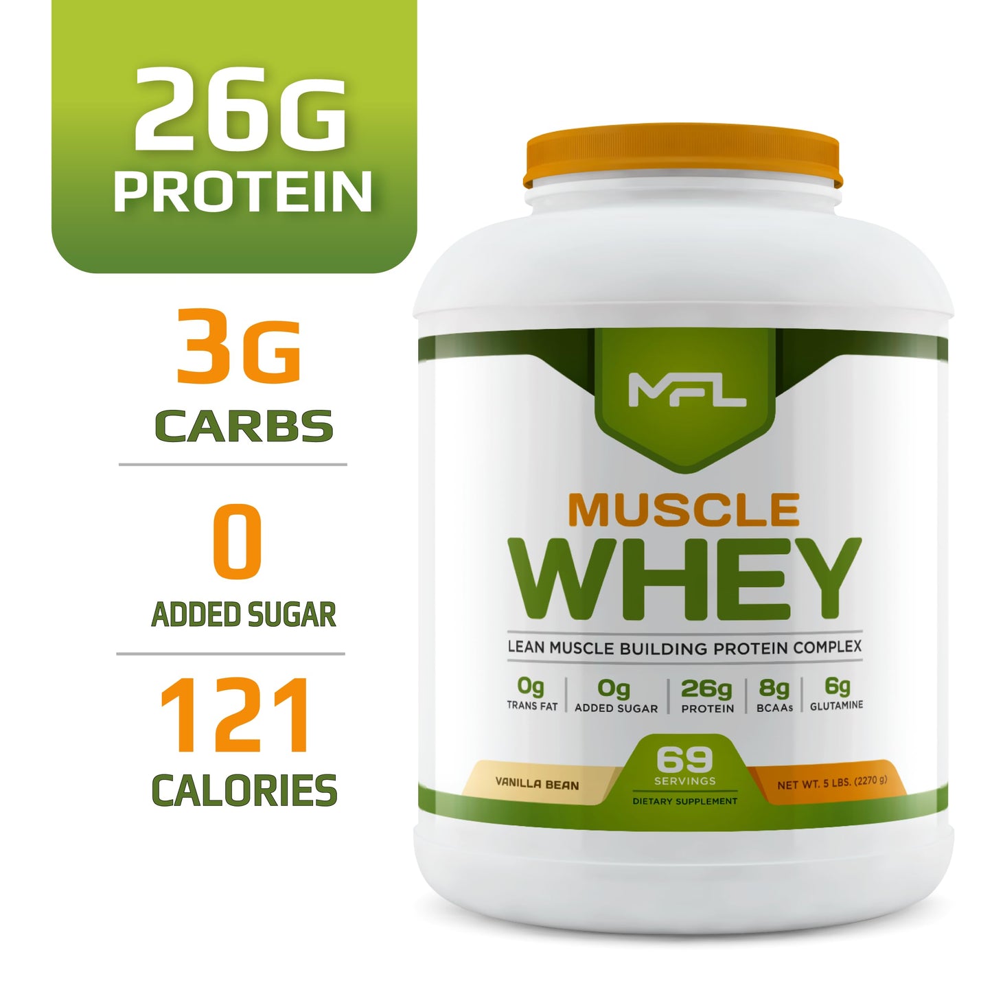 MFL Muscle Whey Protein l 28g of Protein l 8g BCAAs l Keto Friendly l Low Carbs l 5 lbs. (Vanilla Bean)