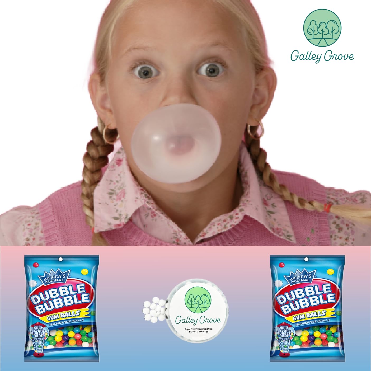 Dubble Bubble Mini Gumball Machine Refills 5 oz Bag 2Pack 12 inch 13mm Assorted Fruit Flavor Bubble Gum Bundle With Galley Grove SugarFree Breath Mints