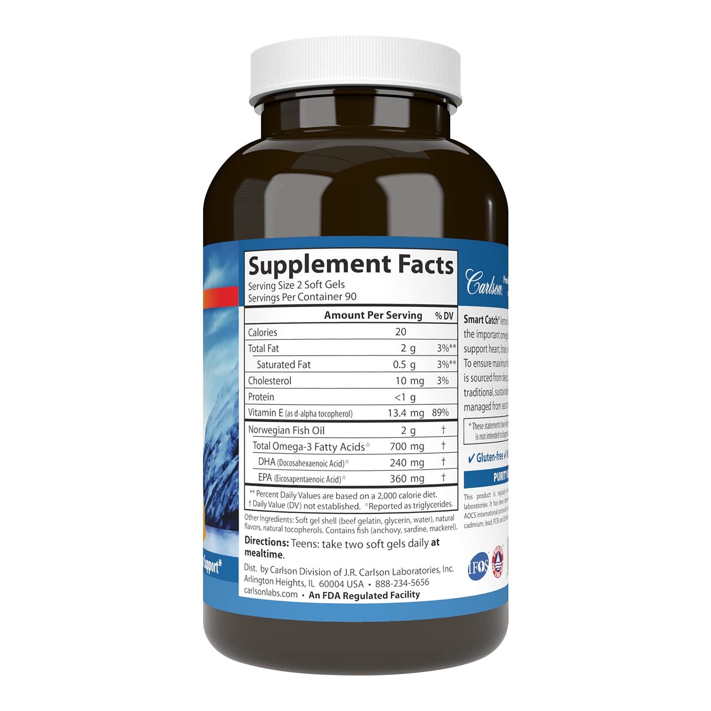 Carlson - Teen's Smart Catch, 700 mg Omega-3s, Cognitive Development, Brain Function & Vision Support, Lemon, 180 Softgels