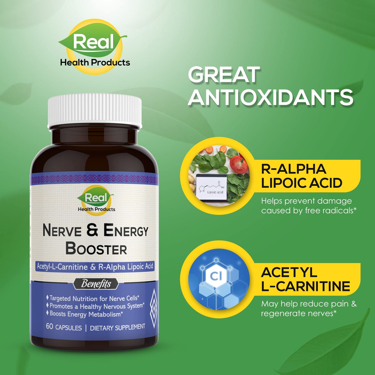 Acetyl L-carnitine 1000mg & R-Alpha Lipoic Acid 300mg Capsules - Nerve & Energy Booster Ala Supplement & Carnitine Supplement - Cardiovascular, Cognitive Function & Antioxidant Support
