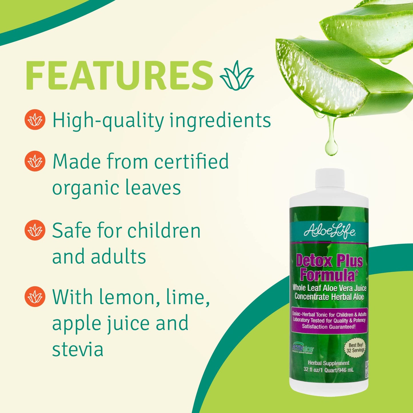 Aloe Life - Detox Plus Formula, Aloe-Based Detox Supplement, Aloe Vera Cleanse, Promotes Healthier Digestion, Concentrated Aloe & Herbal Tonic, Gut Health Detox for Wellness (32 oz.)
