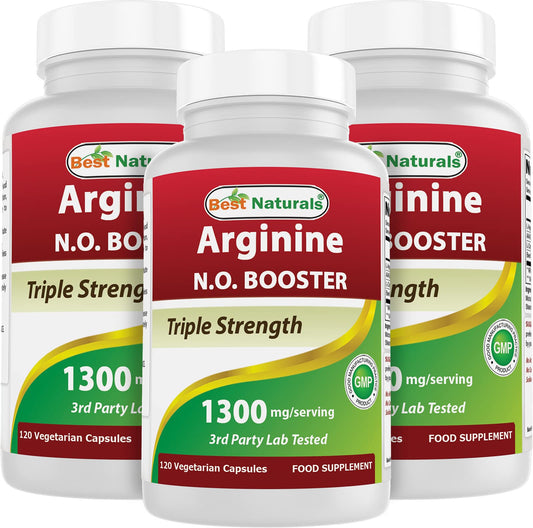 Best Naturals L-Arginine NO Booster Triple Strength 1300 mg Serving 120 Veg Capsules (120 Count (Pack of 3))